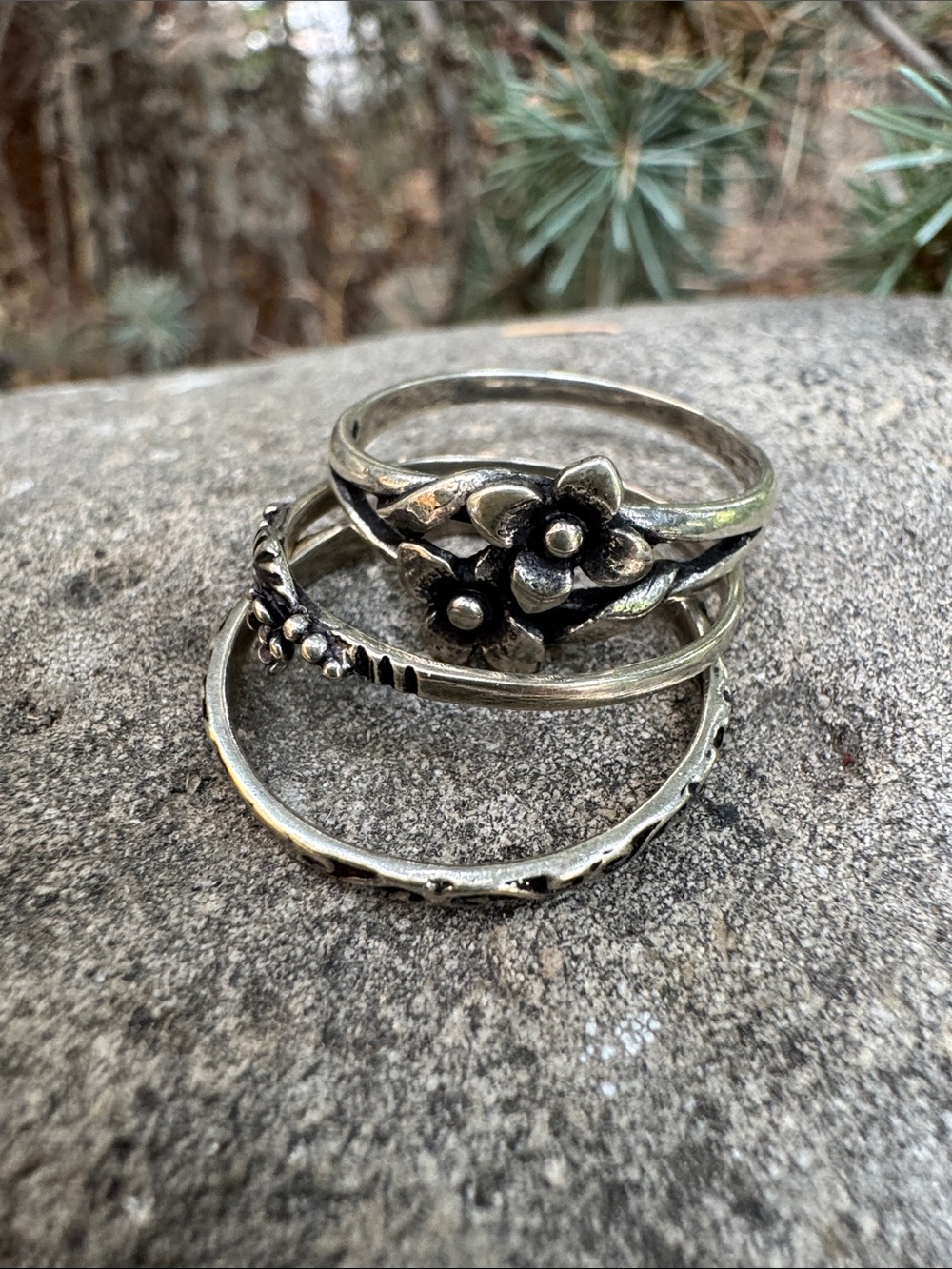 Sundance Silver Floral English Garden Stack Ring Trio